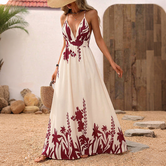 Retro Resort-Style Floral Print Strap Backless Maxi Dress