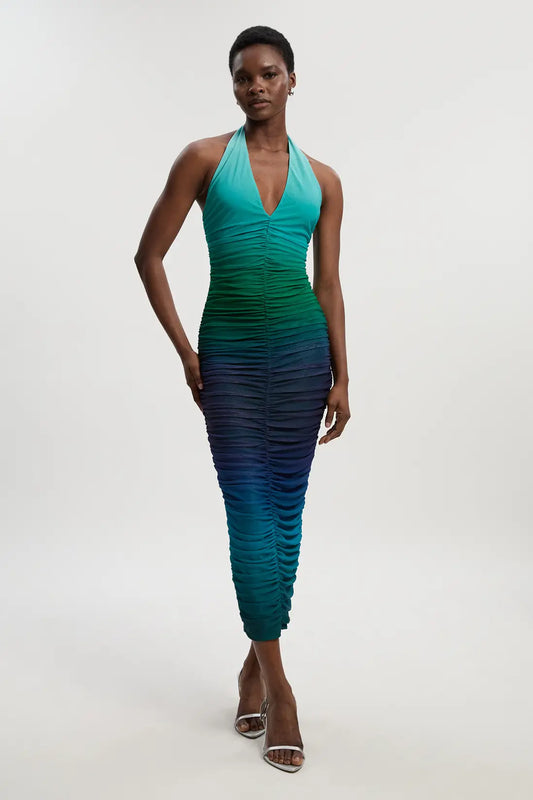 Ocean Ombré Ruched Halter Dress