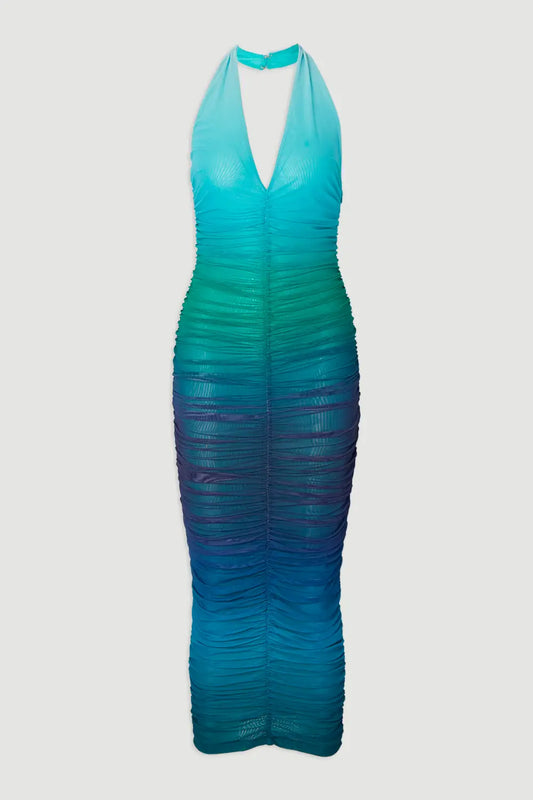 Ocean Ombré Ruched Halter Dress