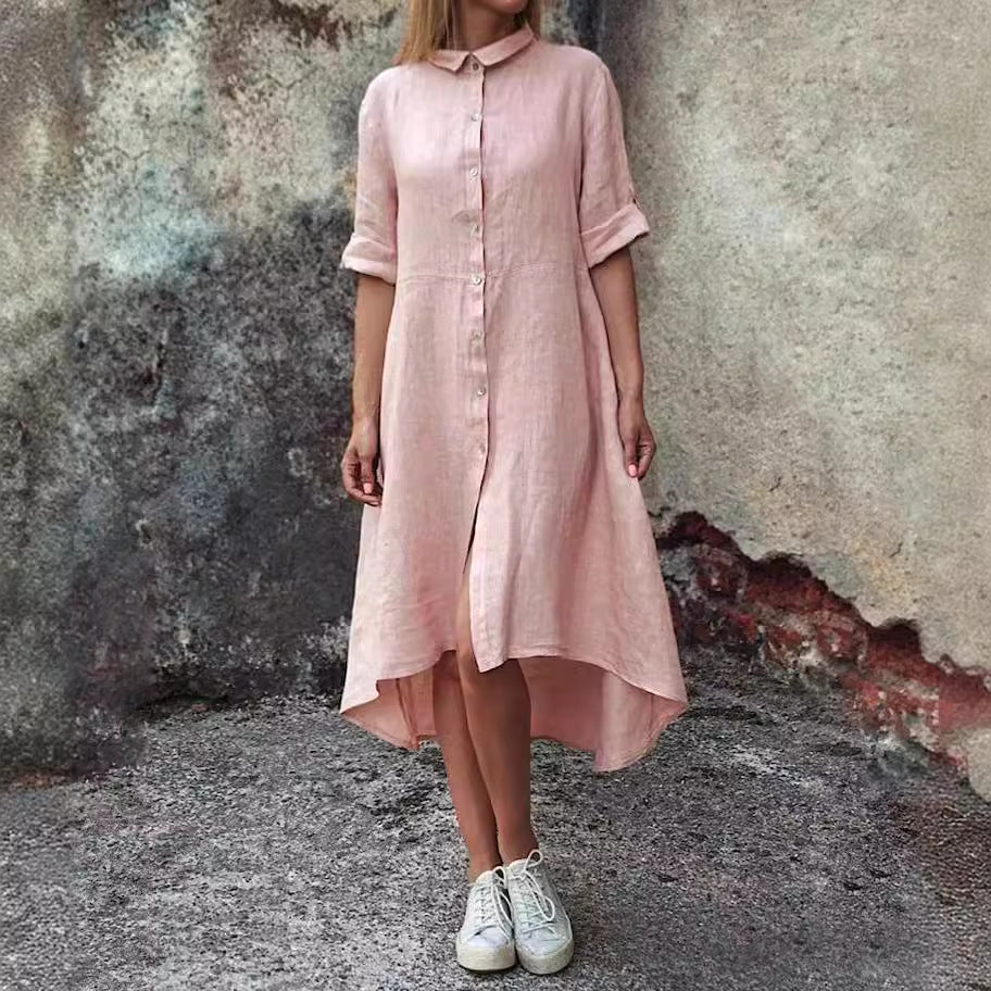 Cotton-Linen Solid Color Casual Shirt-Style Long Dress
