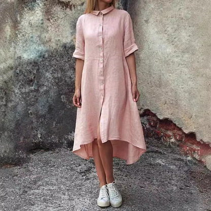 Cotton-Linen Solid Color Casual Shirt-Style Long Dress