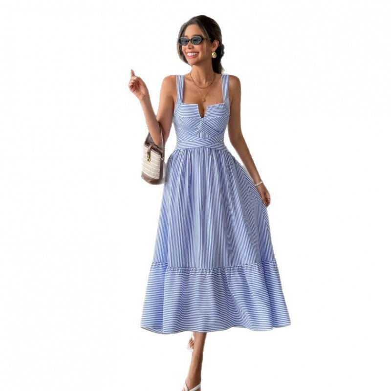 V-neck Striped Spaghetti Straps Dress