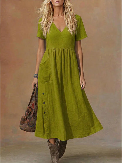 Women's V-neck Short-sleeve Pocketed Loose-fitting Fashionable Dress