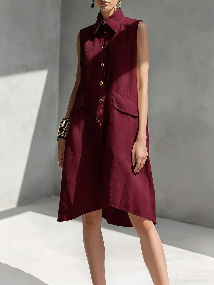 Women's Lapel-collar Sleeveless Casual Loose Cotton-linen Dress