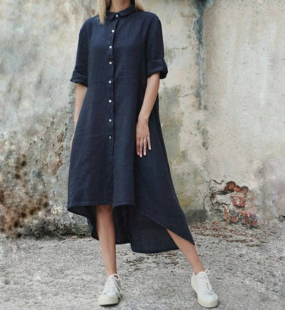 Cotton-Linen Solid Color Casual Shirt-Style Long Dress