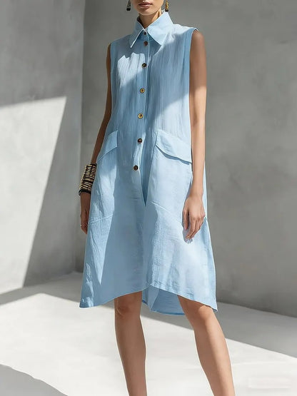 Women's Lapel-collar Sleeveless Casual Loose Cotton-linen Dress