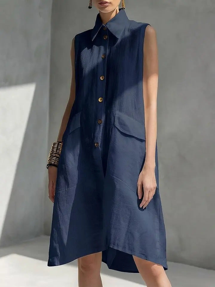 Women's Lapel-collar Sleeveless Casual Loose Cotton-linen Dress