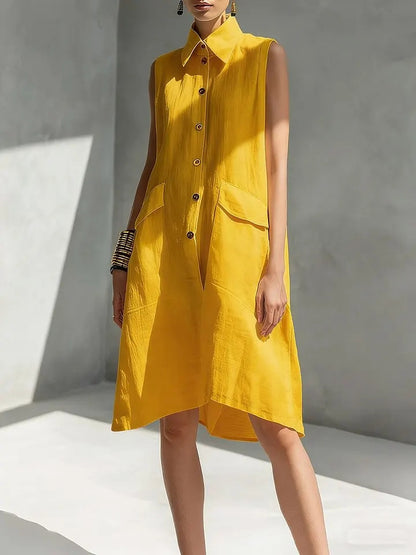 Women's Lapel-collar Sleeveless Casual Loose Cotton-linen Dress
