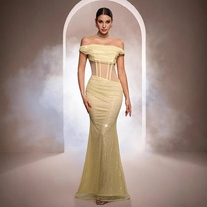 Sleeveless Off-the-shoulder Sequined Mermaid Evening Gown