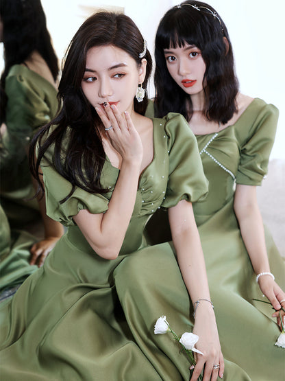 Avocado Green Sisters Group Dress Skirt Women Satin Spring