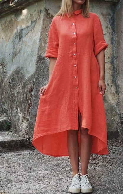 Cotton-Linen Solid Color Casual Shirt-Style Long Dress