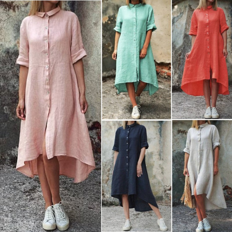 Cotton-Linen Solid Color Casual Shirt-Style Long Dress