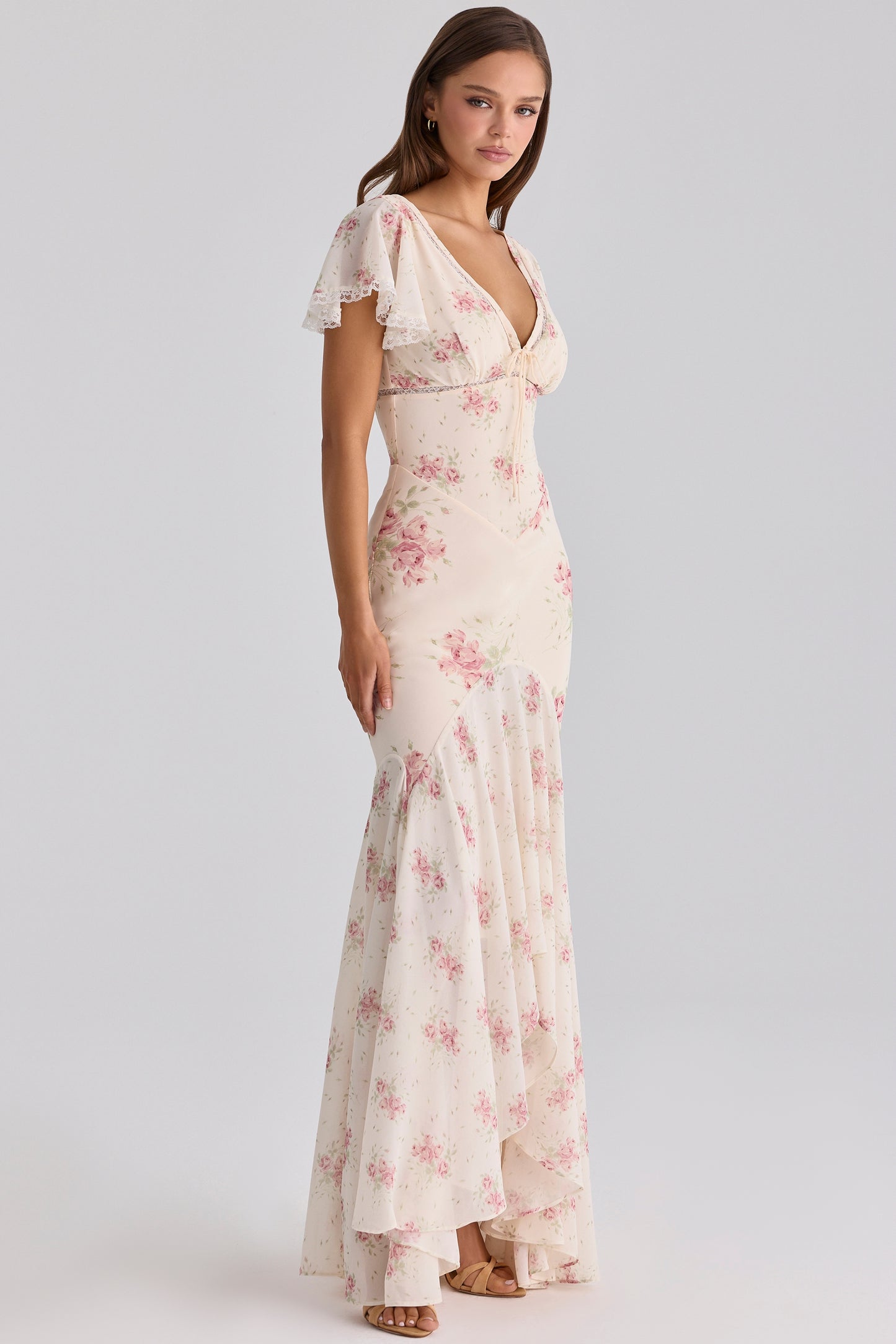 Ivory Vintage Rose Print Georgette Maxi Tea Dress