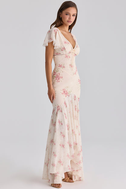 Ivory Vintage Rose Print Georgette Maxi Tea Dress