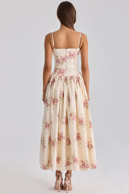 ivory vintage rose print cotton midi sundress