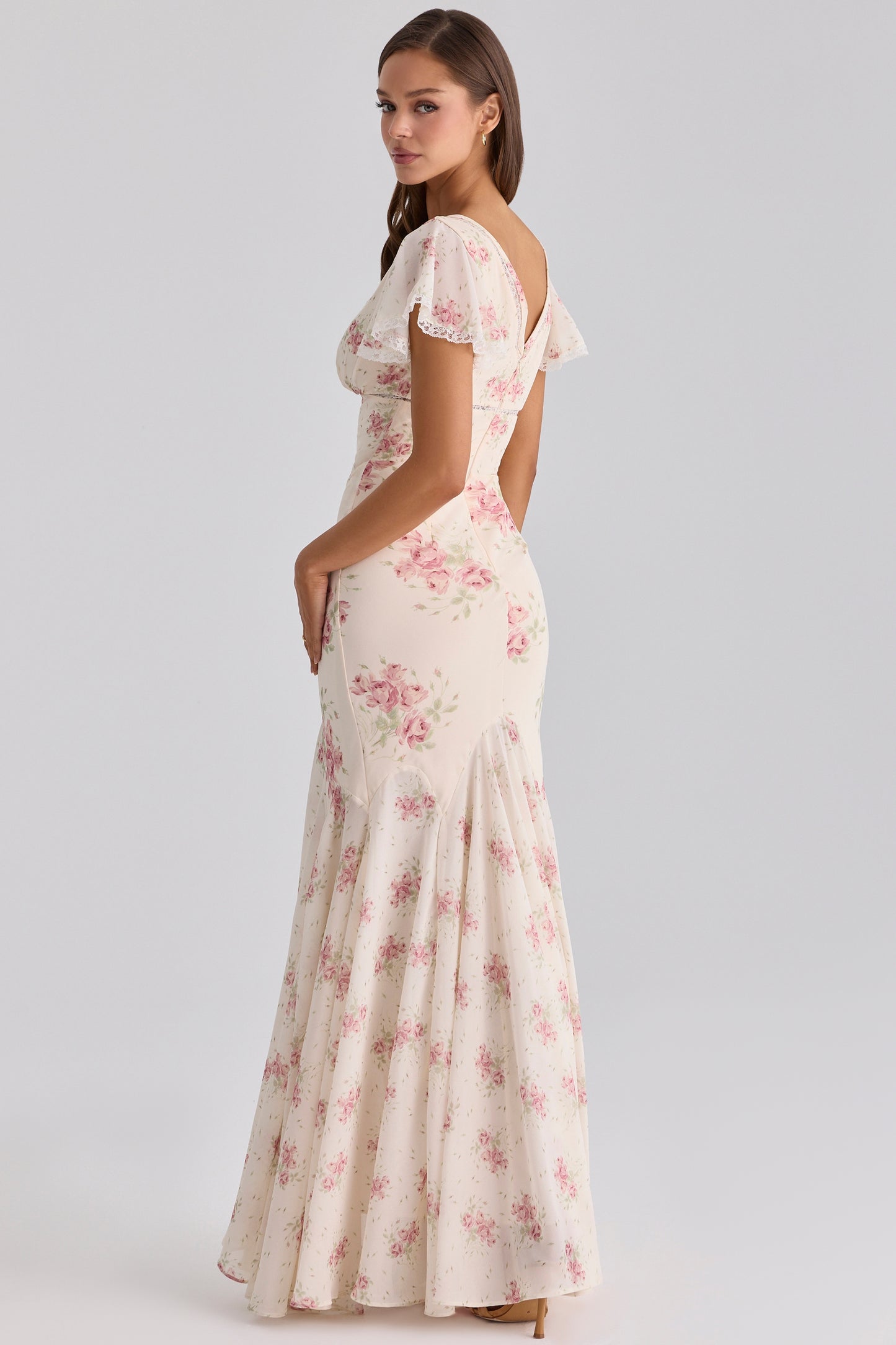 Ivory Vintage Rose Print Georgette Maxi Tea Dress