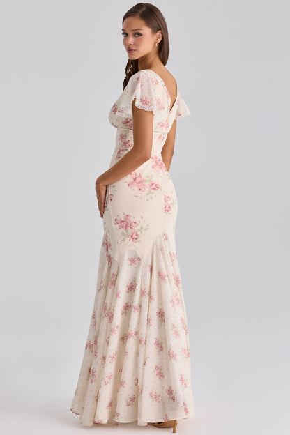 Ivory Vintage Rose Print Georgette Maxi Tea Dress