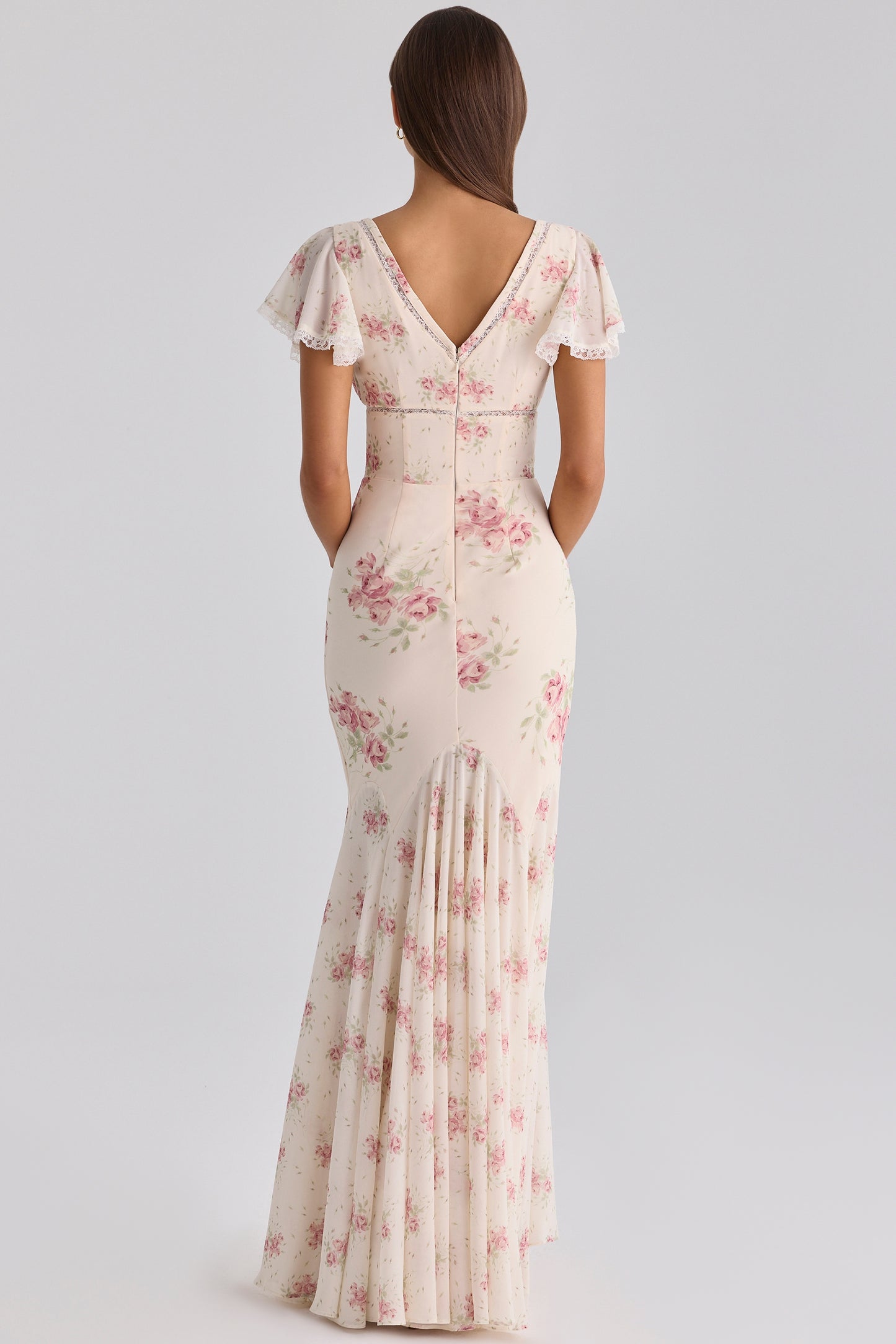 Ivory Vintage Rose Print Georgette Maxi Tea Dress