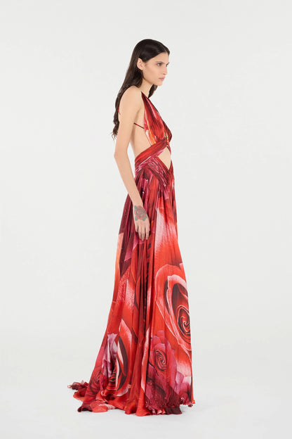 Long Dress With Rose Print And Cut-Out