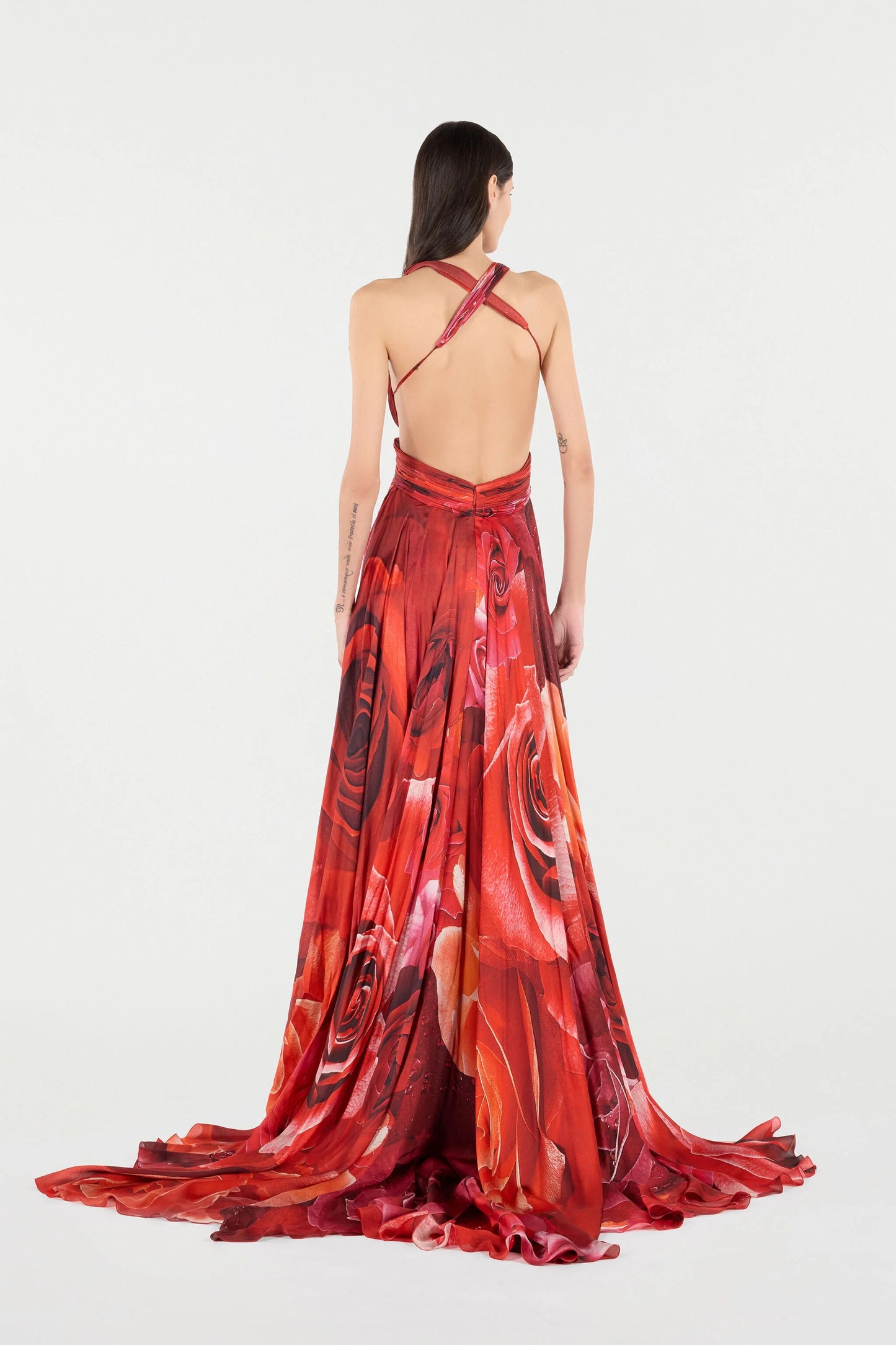 Long Dress With Rose Print And Cut-Out