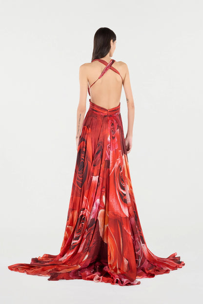 Long Dress With Rose Print And Cut-Out