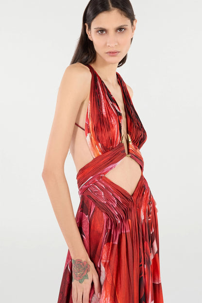 Long Dress With Rose Print And Cut-Out