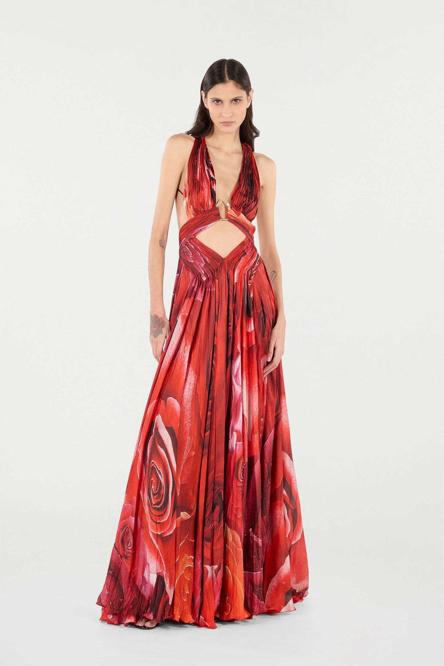 Long Dress With Rose Print And Cut-Out