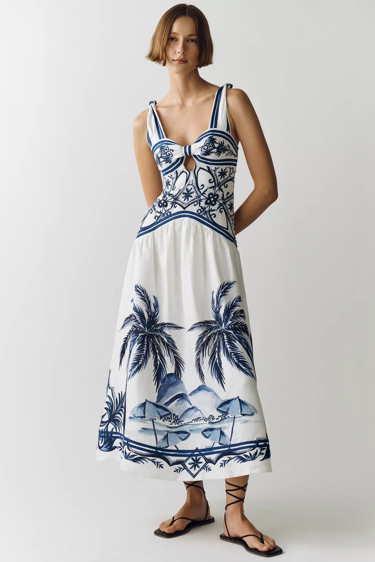 Linen Printed Cutout Midi Dress