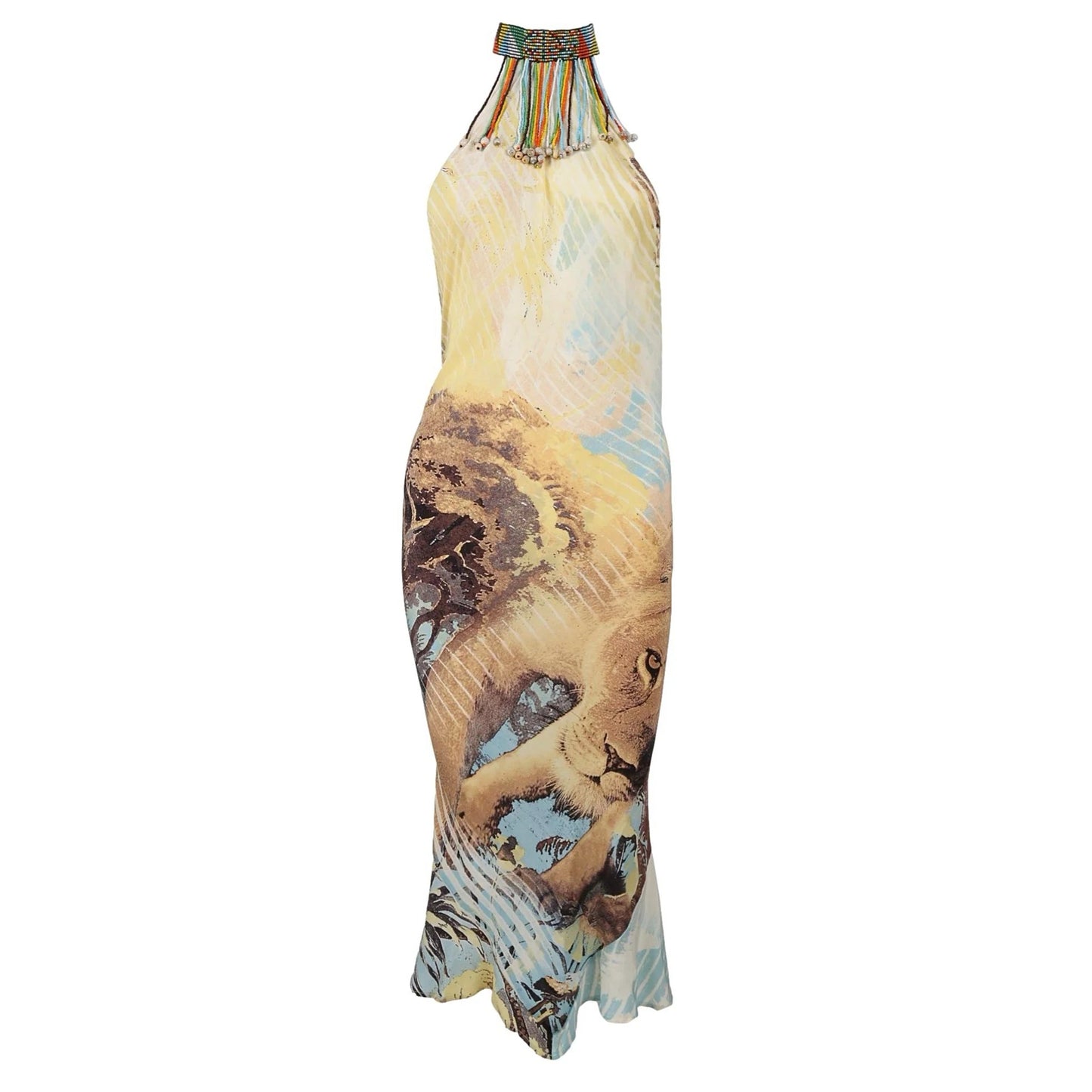 Lion Print Beaded Halter Dress