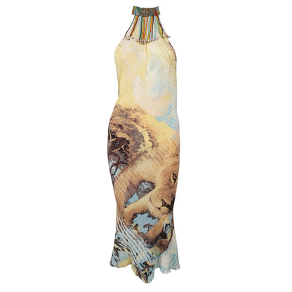 Lion Print Beaded Halter Dress