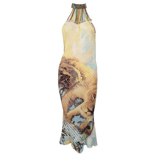 Lion Print Beaded Halter Dress