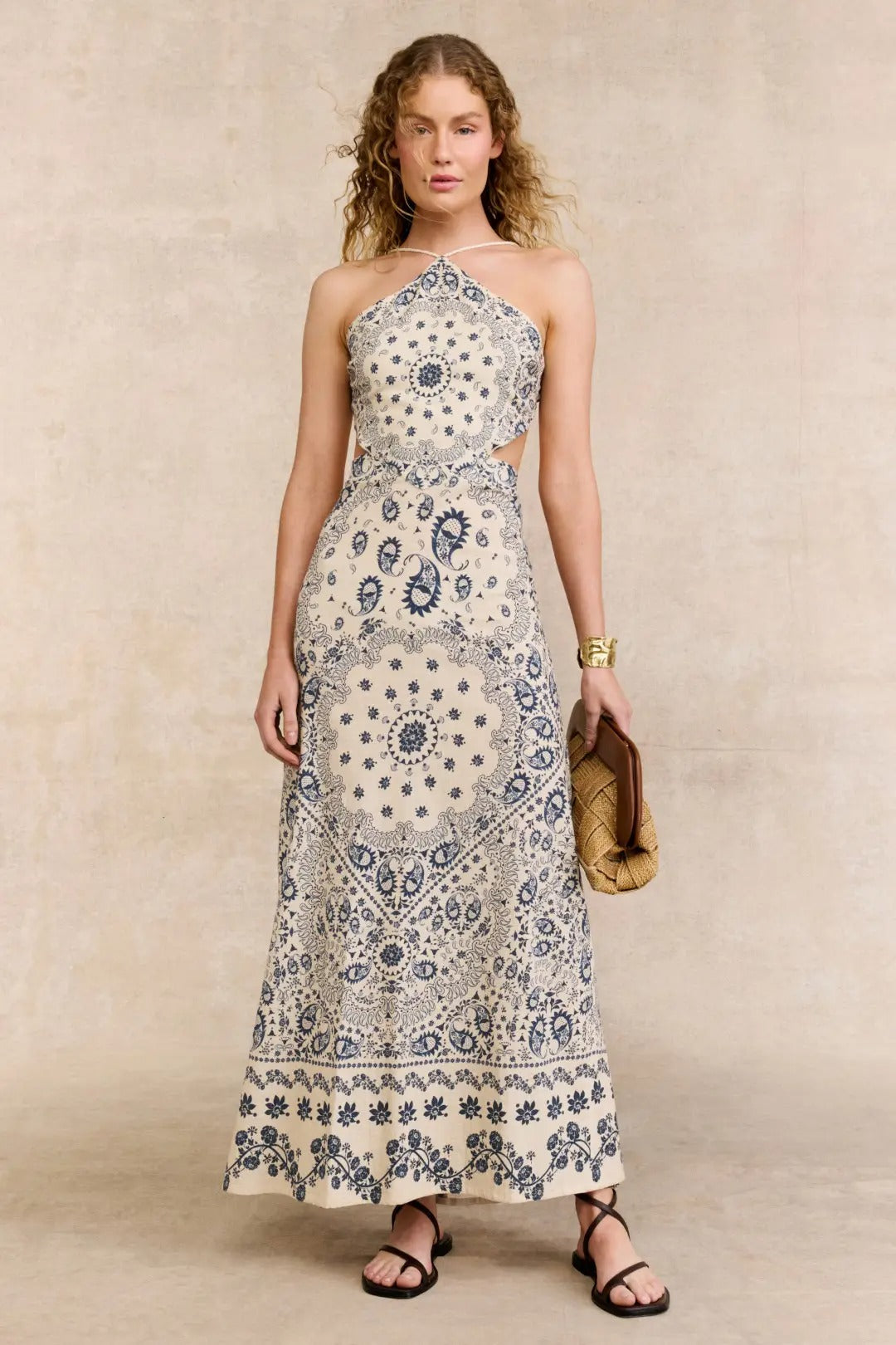 Paisley Print Halter Neck Open Back Maxi Dress