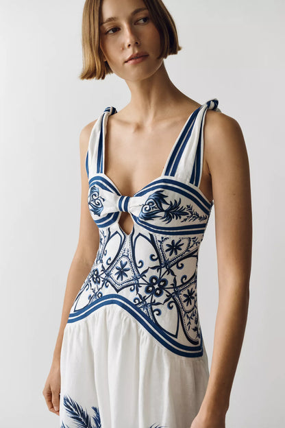Linen Printed Cutout Midi Dress