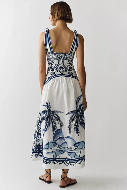 Linen Printed Cutout Midi Dress