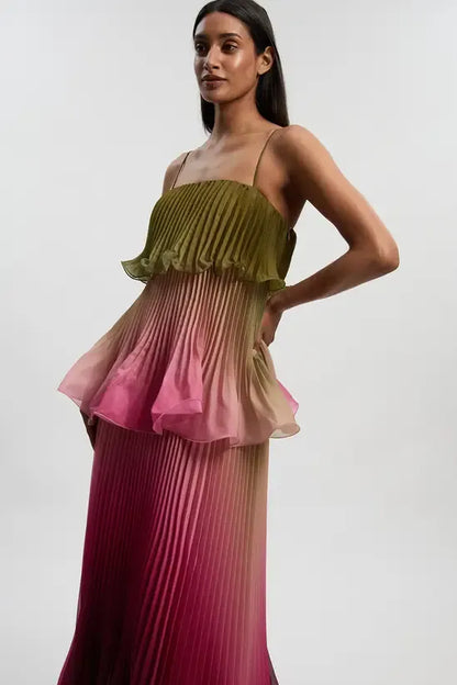 Petite Pleated Slub Organdie Peplum Woven Maxi Dress