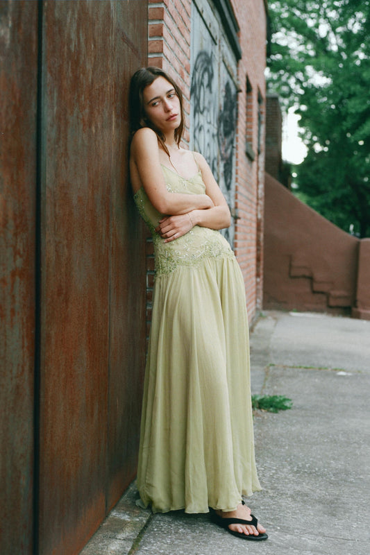 GEORGETTE DRESS WITH BEADED LACE