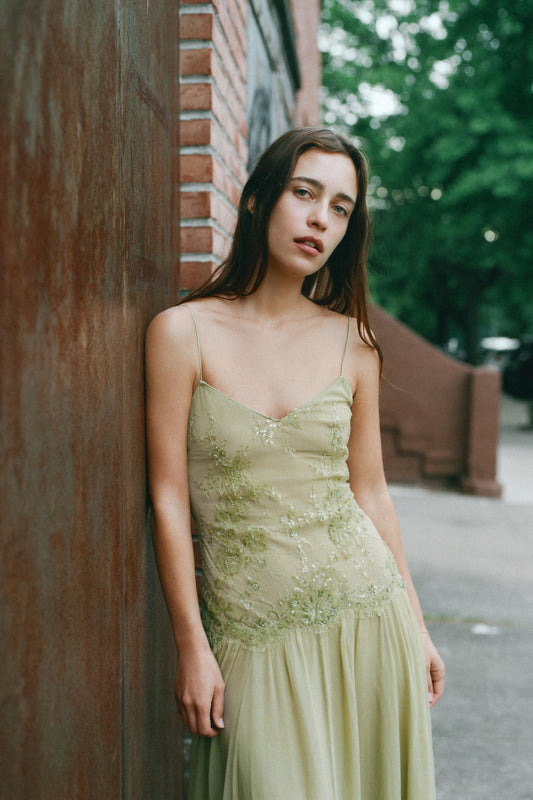 GEORGETTE DRESS WITH BEADED LACE