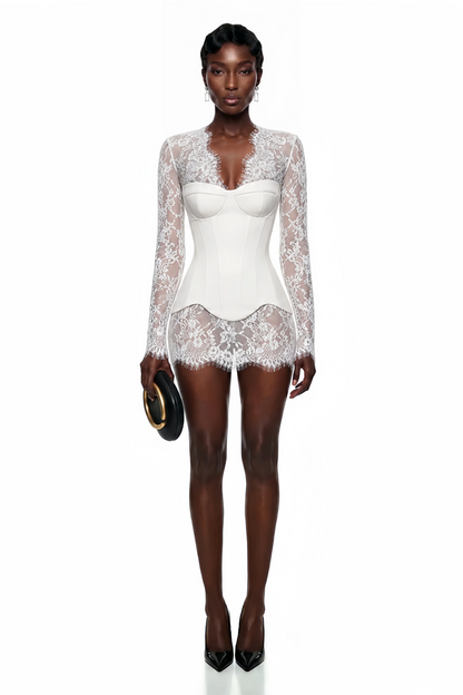 Luciana White Plunge Neck Mini Dress with Lace Panel
