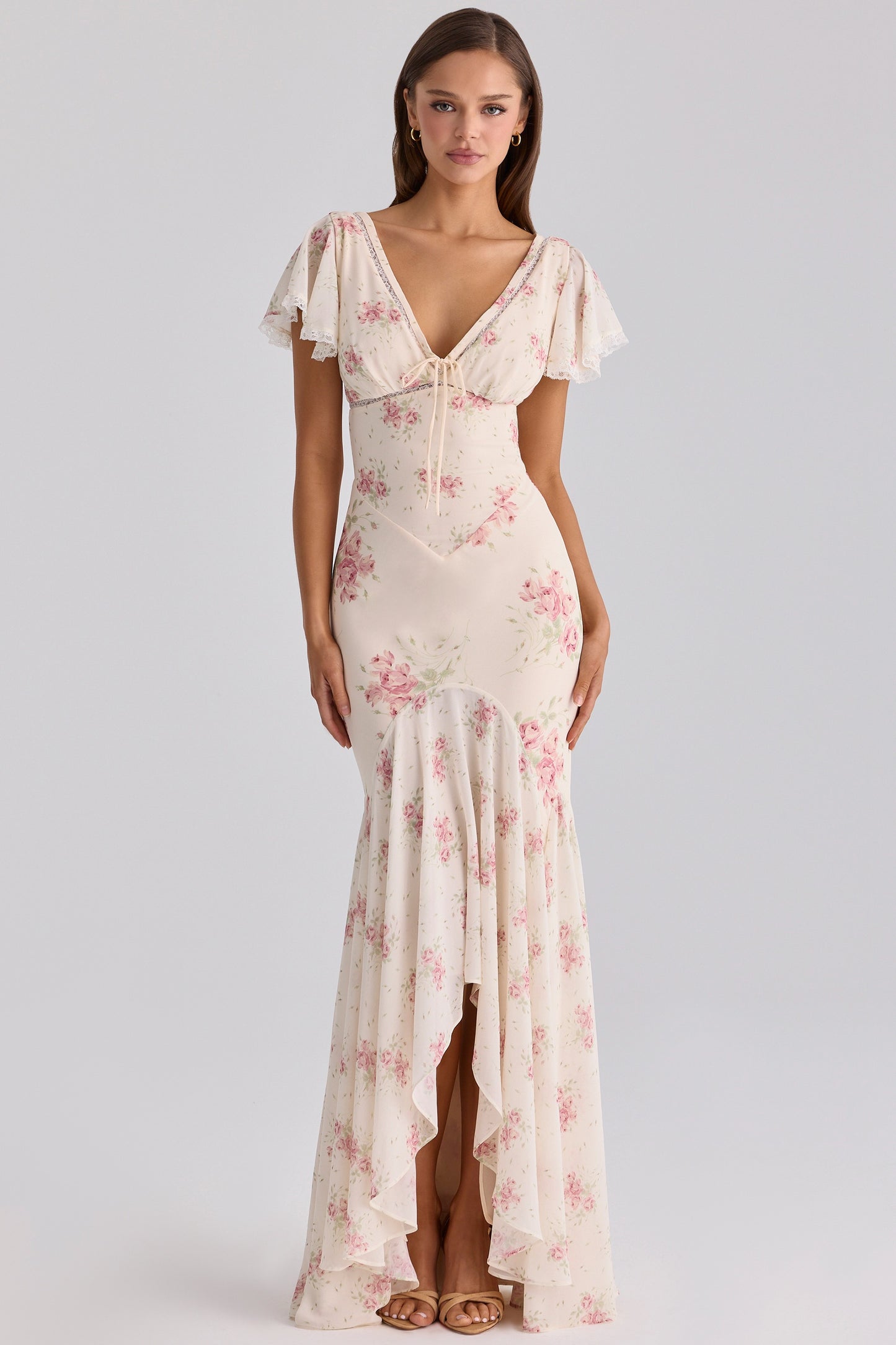 Ivory Vintage Rose Print Georgette Maxi Tea Dress