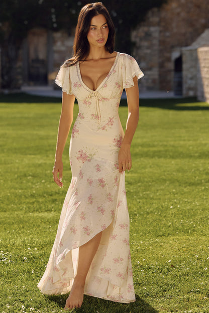 Ivory Vintage Rose Print Georgette Maxi Tea Dress