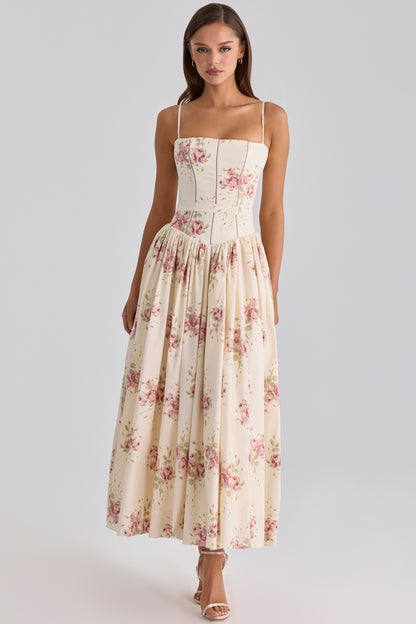 ivory vintage rose print cotton midi sundress