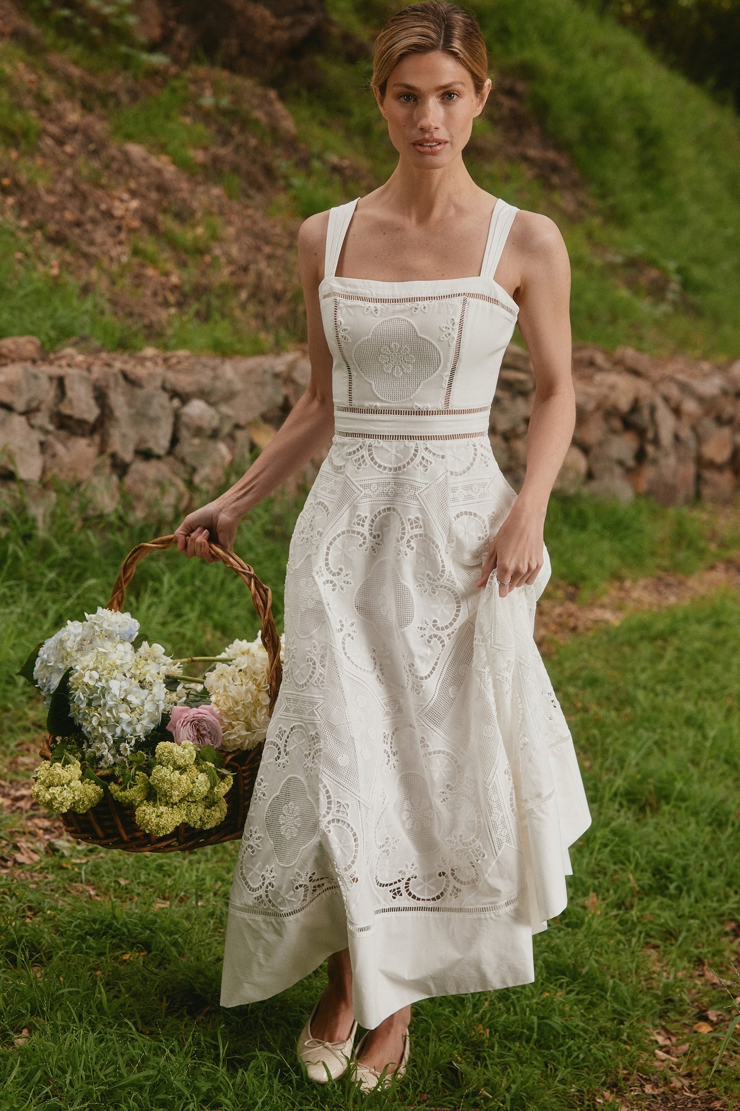 White Stretch Cotton Broderie Anglaise Midi Dress