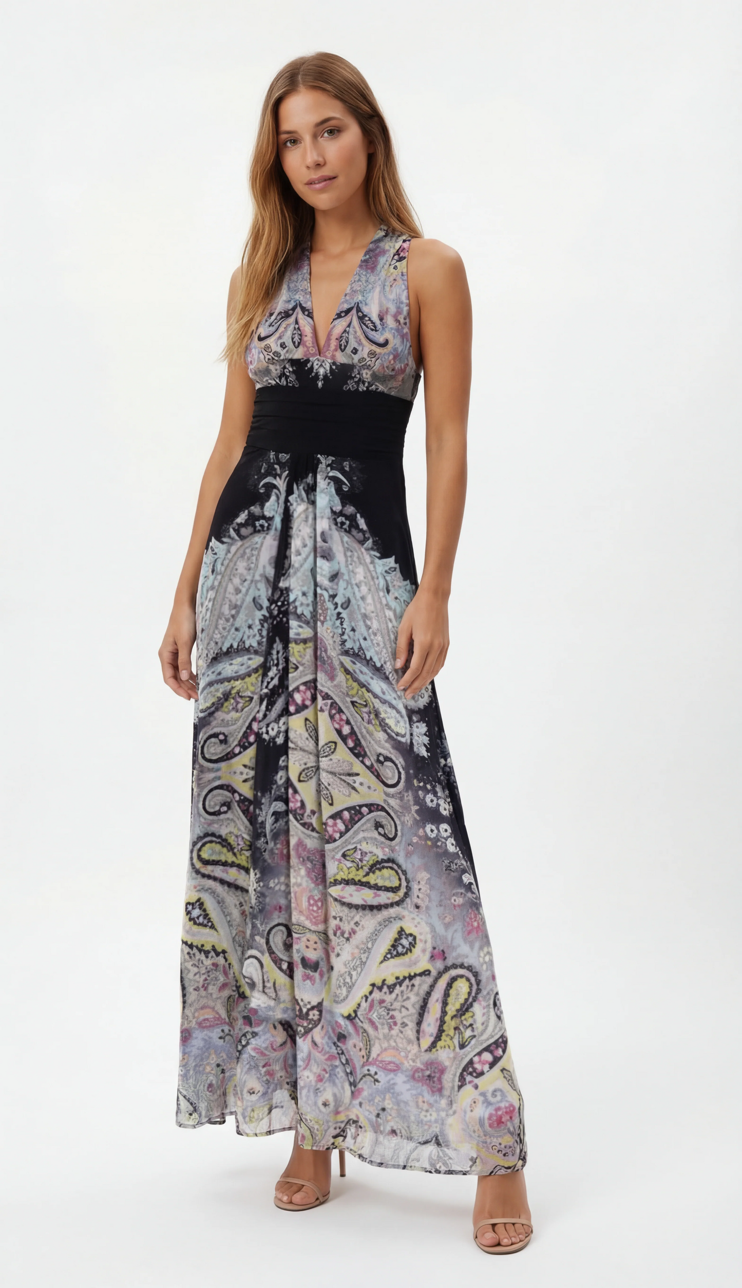 Long Sleeveless Printed Dress With A V-neckline