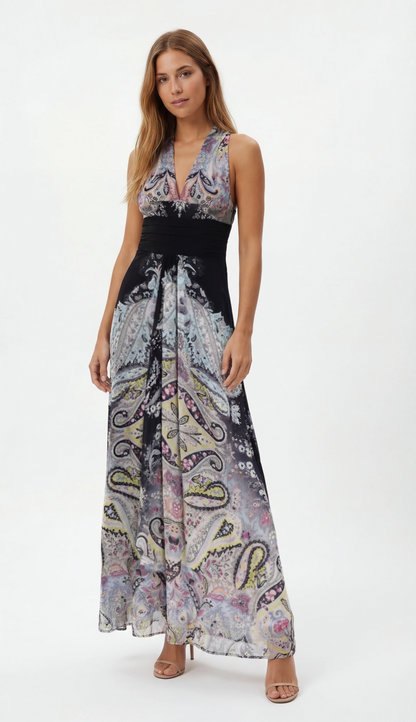 Long Sleeveless Printed Dress With A V-neckline