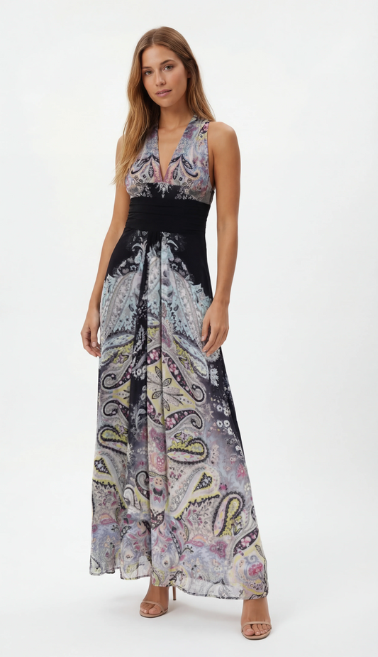 Long Sleeveless Printed Dress With A V-neckline