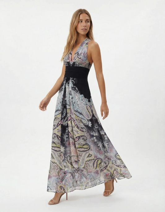 Long Sleeveless Printed Dress With A V-neckline