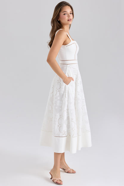 White Stretch Cotton Broderie Anglaise Midi Dress