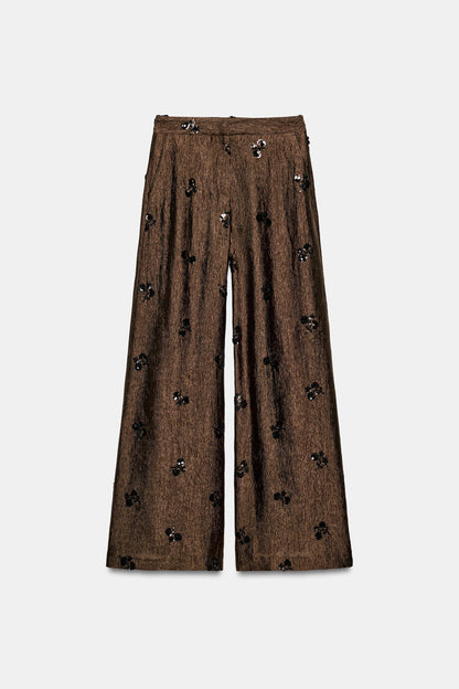 HALTER SEQUIN TOP+WIDE-LEG TROUSERS