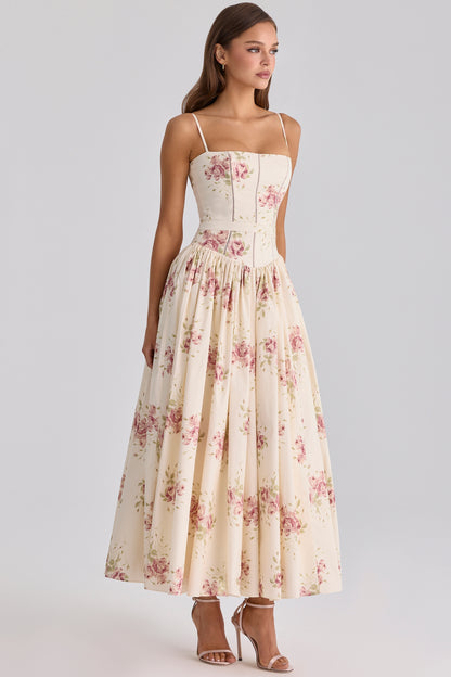 ivory vintage rose print cotton midi sundress
