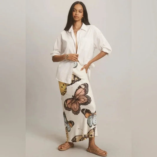 Summer-Ready Butterfly Print Satin Skirt